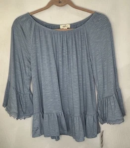 Style&Co Women Size Small Blue Fog tiered hem 3/4 sleeve bell Flare Top NEW - Picture 1 of 9