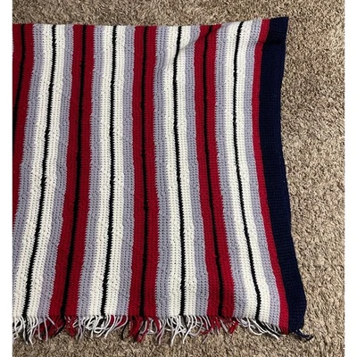 Striped Crocheted Throw Afghan Blanket Red Gray White Black Home Decor - Image 1 of 4
