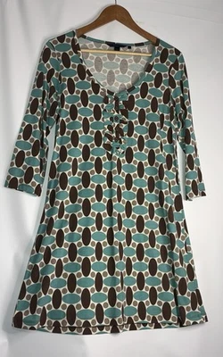 Boden Dress Size 14 Green Blue Brown White Oval Circle Cotton Blend 3/4 Sleeves - Image 1 of 4