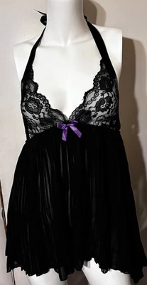 Fantasy Lingerie Sheer Pleated Dress 1X/2X Halter Neck with Lace Front Open Back - Image 1 of 4