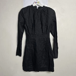 Dissh womens Woods Black Linen Dress size 6 long sleeve mini ruched shoulder - Bild 1 von 11