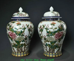 Par de jarrones botella con patrón de flores de peonía de porcelana rosa familiar con marca Qianlong de 10"" - Imagen 1 de 8