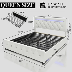Queen LED Bed Frame with 4 Storage Drawers&Adjustable Headboard&Charging Station - Picture 1 of 18