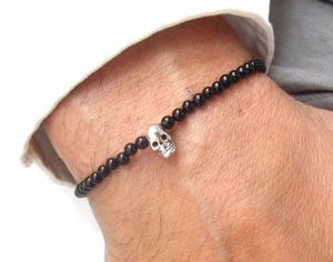 Black onyx beads bead skull 925 sterling silver bangle bracelet men women gem - Picture 1 of 7