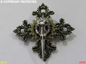 steampunk brooch badge pin gothic cross silver bird skull plague mask gearwheel - Picture 1 of 3