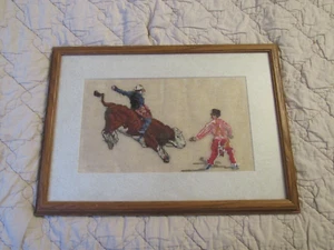 Finished Completed Cross Stitch Framed Art Cowboy Rodeo Horse Bronco Riding - Picture 1 of 5