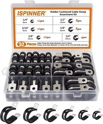 BRANDED ISPINNER 52Pcs Cable Clamps Assortment Kit, 304 Stainless Steel Rubber Cushion P