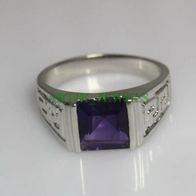 Natural Amethyst Gemstone with 14K White Gold Plated Silver Ring for Men's #35 - Image 1 of 4
