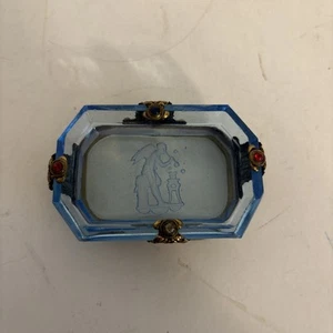 Vtg Chech Bohemian Intaglio Glass Brass & Jewel Open Salt Cellar Blue - Picture 1 of 7