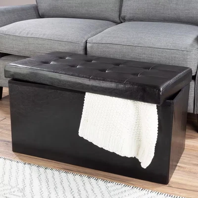 Folding Storage Ottoman 30 in Black Faux Leather Bench Footrest Bedroom - Image 1 of 4
