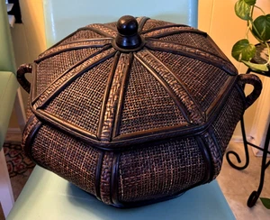 Vintage Unique Rattan/Bamboo Octagon Shaped Basket w/ Lid & Handles 20"x15" - Picture 1 of 3