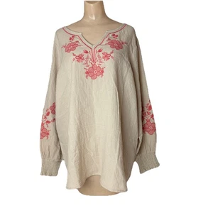 Belle Beach by Kim Gravel 2X Cotton Gauze Embroidered Peasant Top A691520 sand - Picture 1 of 14