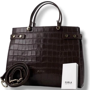 FURLA Lady Tote Bag Brown Leather Large Capacity Authentic Purse - Picture 1 of 12