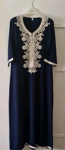 Kaftan Dress Moroccan Maxi Cotton Navy blue Embroidery Womens Casual Eid Gift - Picture 1 of 8