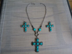 Turquoise Vintage Set Cross Necklace and Earrings - Picture 1 of 7