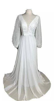Sheer Mesh V-Neck Chiffon Wedding Dress with Lantern Sleeves - S (4) - Image 1 of 4