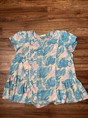 Mod Cloth Floral Blue and Pink Lightweight Breathable Blouse Ruffle Hem Women 1X - Image 1 of 4