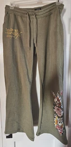 ED HARDY Pantalón de Sudadera Gráfico Mariposa Pierna Ancha Verde Oliva Mezcla Algodón Mujer L - Imagen 1 de 8