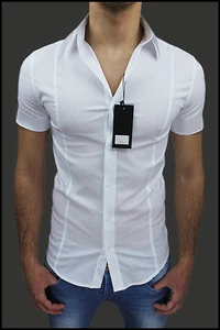 CAMICIA UOMO DIAMOND SLIM FIT ADERENTE BIANCO CASUAL MANICHE CORTE da S a 3XL - Foto 1 di 3