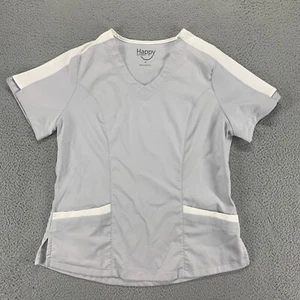 Happy Scrub Top Womens Medium Gray Pocket Nurse Short Sleeve Medical Workwear - Picture 1 of 13