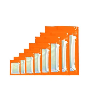 Bolsas holográficas con cremallera naranja con ventana transparente, lámina arco iris Mylar bolsas para bocadillos - Imagen 1 de 8