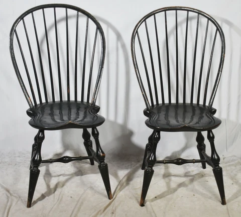 Pair of D.R. Dimes Bow Back Windsor Chair Bench Made Green Paint Cover