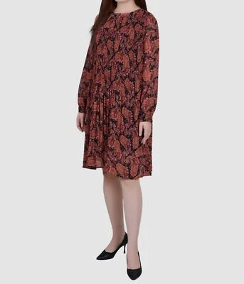 $58 NY Collection Women's Black Paisley Pleated Band Neck Dress Petite Size PL Foto 1 de 4