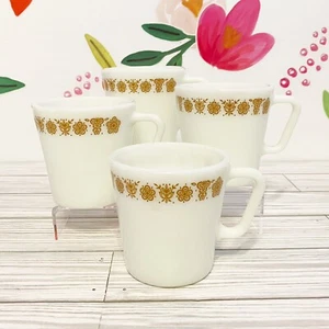 Pyrex Set of 4 Butterfly Gold D Handle Coffee Tea Glass Mug Cups White Gold - Picture 1 of 5