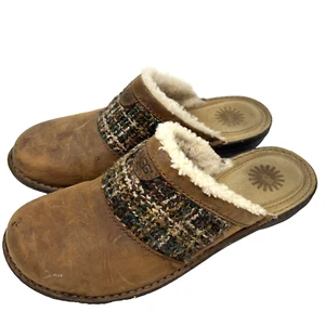 :Organic UGG Womens 11 Shearling Mule Clogs Tweed Brn Leather Slip On Sheepskin - Picture 1 of 9