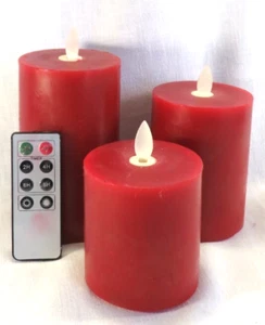 Set 3 Flameless Pillar Wax Candles Moving Flame Red w/batteries & remote - Picture 1 of 3