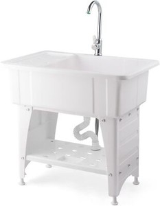 Utility Sink Laundry Tub for Washing Room with Stainless Steel Faucet White