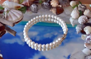 6 mm White Freshwater Pearl Bracelet made with 14K Solid Yellow Gold - 8 Inches - Picture 1 of 12
