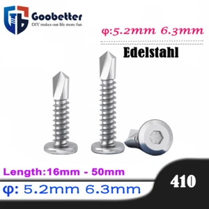 Ø 5,2mm 6,3mm Innensechskant Bohrschrauben 410 Edelstahl VA Blech Flachkopf - Picture 1 of 22
