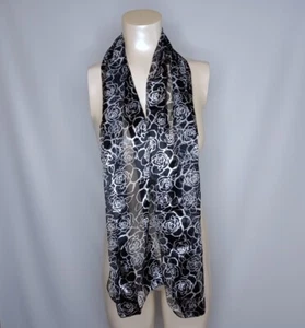 Women's Satin Scarf Black & White Roses Made In Korea 13" X 60" - Picture 1 of 9