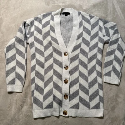 Cárdigan Mujer Ann Taylor Talla Pequeña Gris y Blanco Manga Larga Botón Delantero Foto 1 de 4