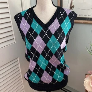 Vintage TALLY HO Womens Sweater Vest Argyle V-Neck Preppy Golf Tennis Retro | L - Picture 1 of 8