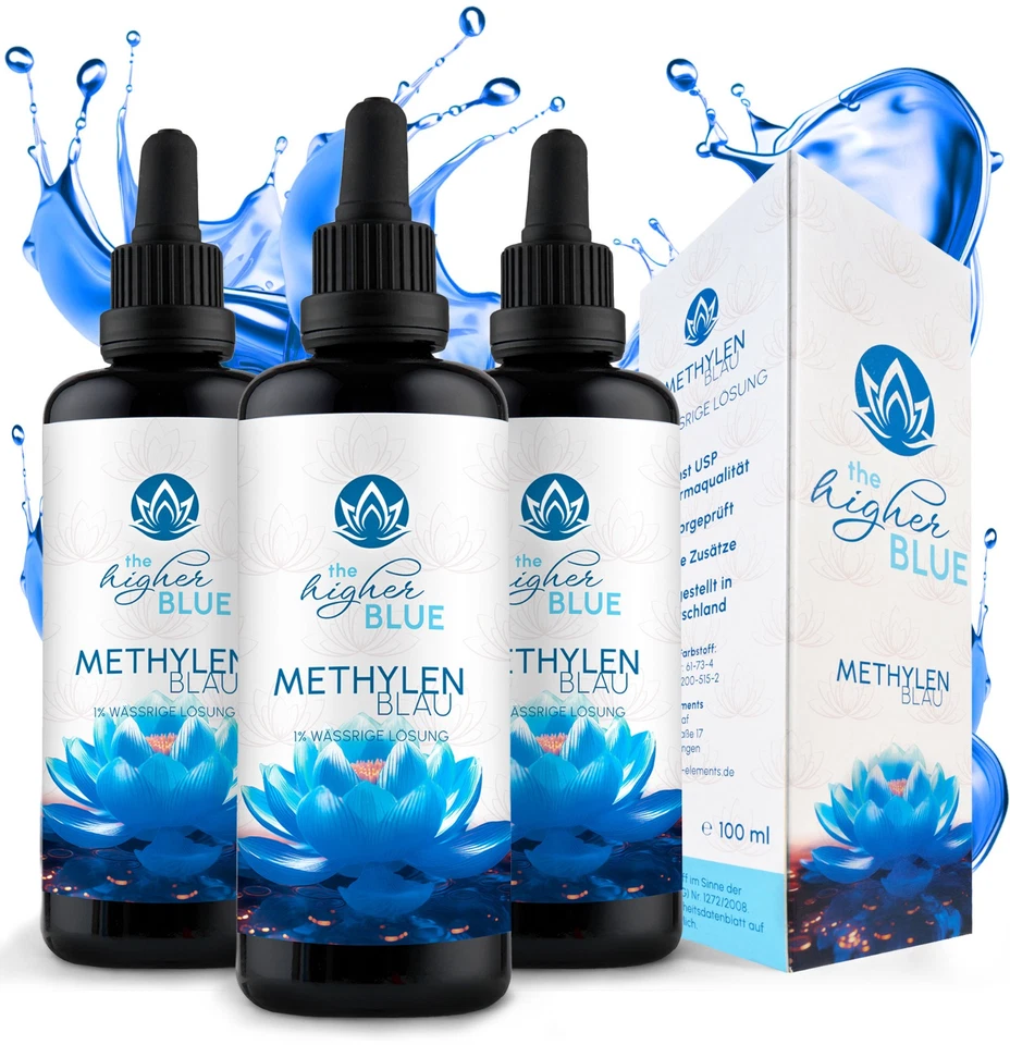 The higher BLUE® Methylenblau 1% Lösung 3x 100ml im Violettglas 99,9 % rein