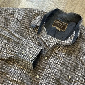Camisa retro Wrangler para hombre grande marrón a cuadros perla a presión occidental manga larga - Imagen 1 de 9