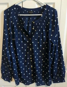 Talbots LARGE Navy Blue White Polka Dot Boho Button Up Blouse Cut Out Sleeves - Picture 1 of 8