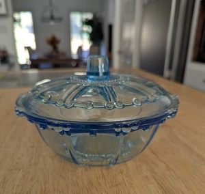 Vintage Blue Depression Glass Candy Dish with Lid – Elegant 1930s Style Bowl - Picture 1 of 6