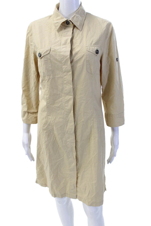 0039 Vestido Italia Mujer Botón Delantero Manga Corta Cuello Beige Talla Grande Foto 1 de 4