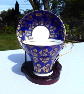 AYNSLEY FINE BONE CHINA COBALT BLUE & GOLD THISTLE CHINTZ CORSET TEACUP SAUCER - Picture 1 of 14
