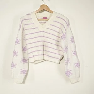Mi Ami Women’s S. Cream/Purple Striped Snowflake Cropped Long Sleeve Sweater - Picture 1 of 7
