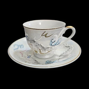 Vintage Moriage Dragonware Teacup and Saucer White Gold Blue - Picture 1 of 9