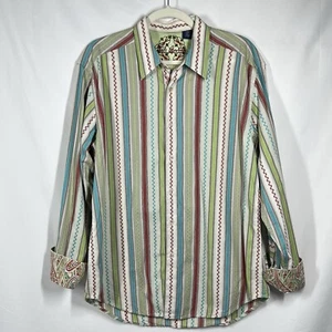 Robert Graham Flip Cuff Button Up Shirt L Multicolor Stripe Embroidery Paisley - Picture 1 of 13