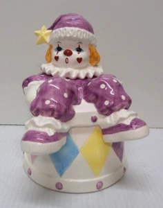 Vintage 1985 Clown Candy Cookie Jar Purple Sitting on Drum With Lid 8.5" Tall - Picture 1 of 6