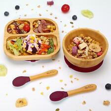 Red Bamboo Bowl Set 40cm Square Plate Spoon Stay-Put Suction