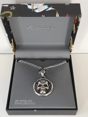 Ed Hardy Cabeza Calavera Tono Plata Collar Cadena Colgante Nuevo Foto 1 de 4