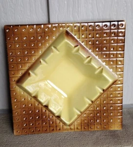 VTG MCM Large Ashtray Ceramic Yellow Brown 8.25"x8.25" Square Signed 60-205 NEW - Picture 1 of 2