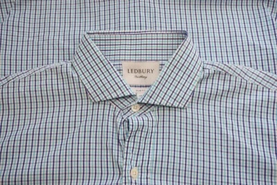 Ledbury Blue White Plaid Slim Fit Spread Collar Dress Shirt Sz 16 - Image 1 of 4